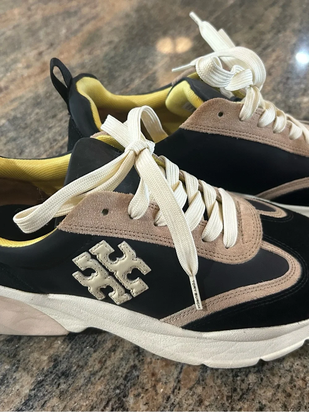 Tory Burch Black, Beige & Yellow Logo Platform Sneakers